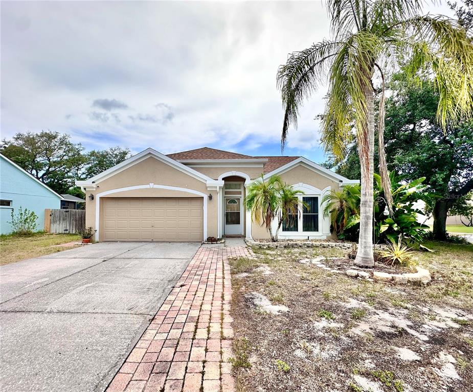 A single-story house with a beige stucco exterior, a two-car garage, and a brick walkway — 1650 NAVIGATOR LANE, TARPON SPRINGS, FL