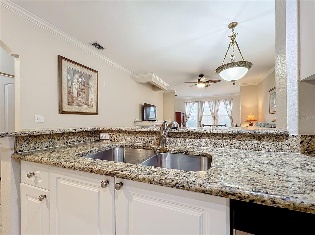 A kitchen sink with granite countertops overlooks an open-concept living area with a ceiling fan — 2724 VIA MURANO UNIT 615, CLEARWATER, FL