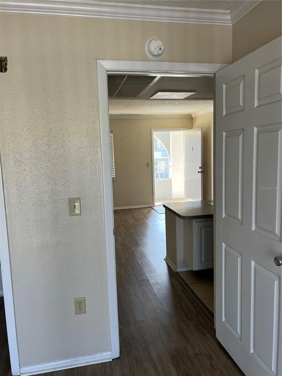 A view through a doorway shows a kitchen with wood-look flooring and a balcony entrance — 136 BLUE POINT WAY UNIT 310, ALTAMONTE SPRINGS, FL