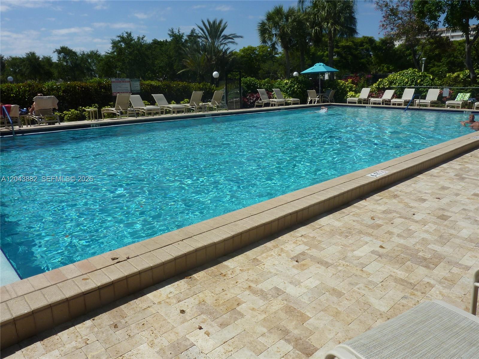 A rectangular outdoor swimming pool is surrounded by a stone patio and lounge chairs — 3200 N Palm Aire Dr # 305, Pompano Beach FL 33069, POMPANO BEACH, FL