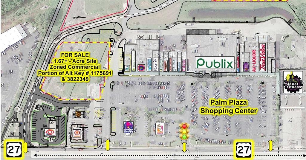 This aerial map shows a commercial shopping center with an adjacent vacant lot for sale — 729 N 14TH ST / US HWY 27, LEESBURG, FL