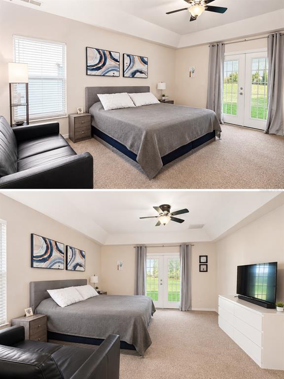 A bedroom features a gray bed, a black sofa, a white dresser, and glass doors — 2526 HOLLY BERRY CIRCLE, CLERMONT, FL