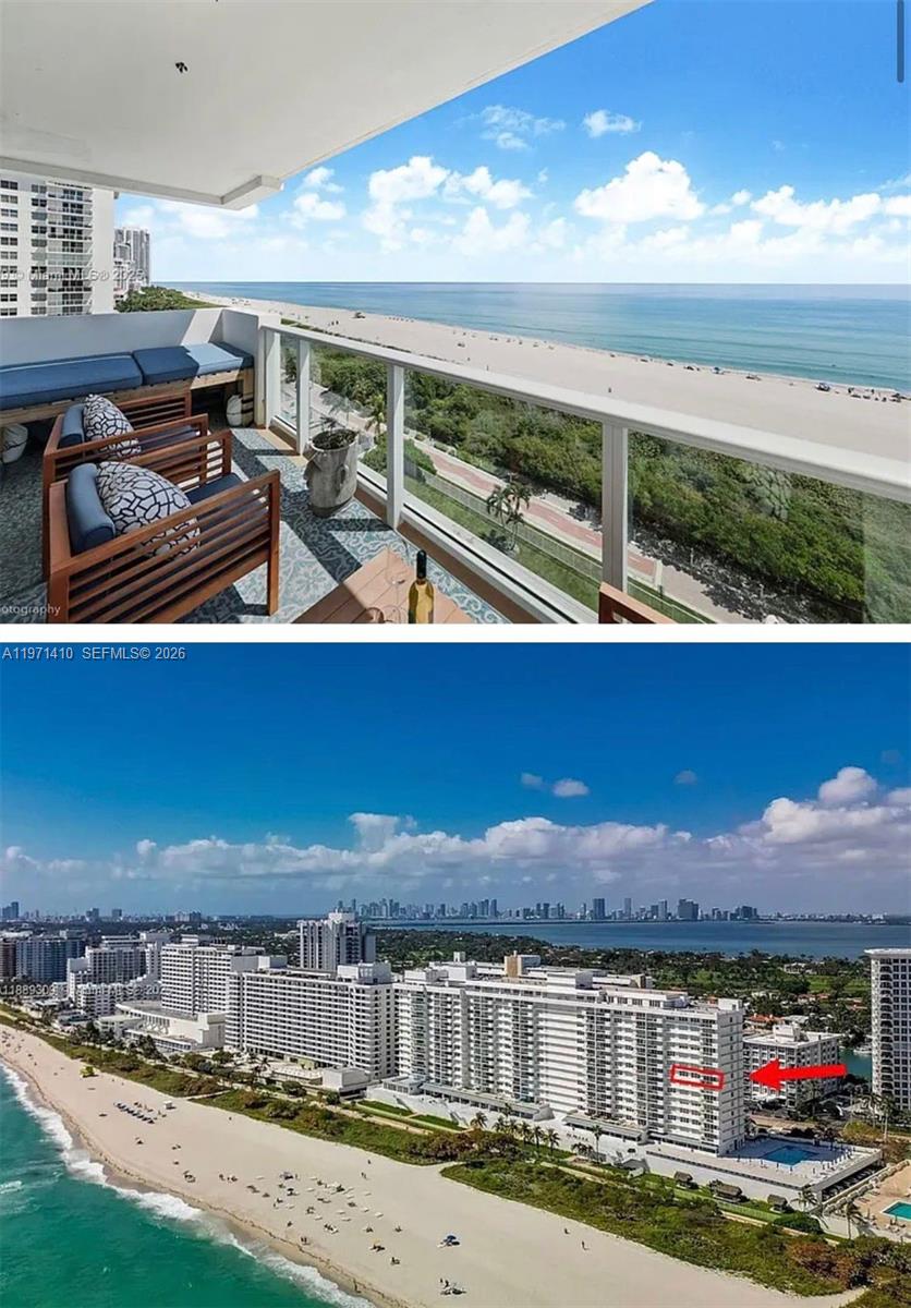 A balcony with outdoor seating overlooks the beach, with an aerial view of the building — 5601 Collins Ave # 1001, Miami Beach FL 33140, MIAMI BEACH, FL