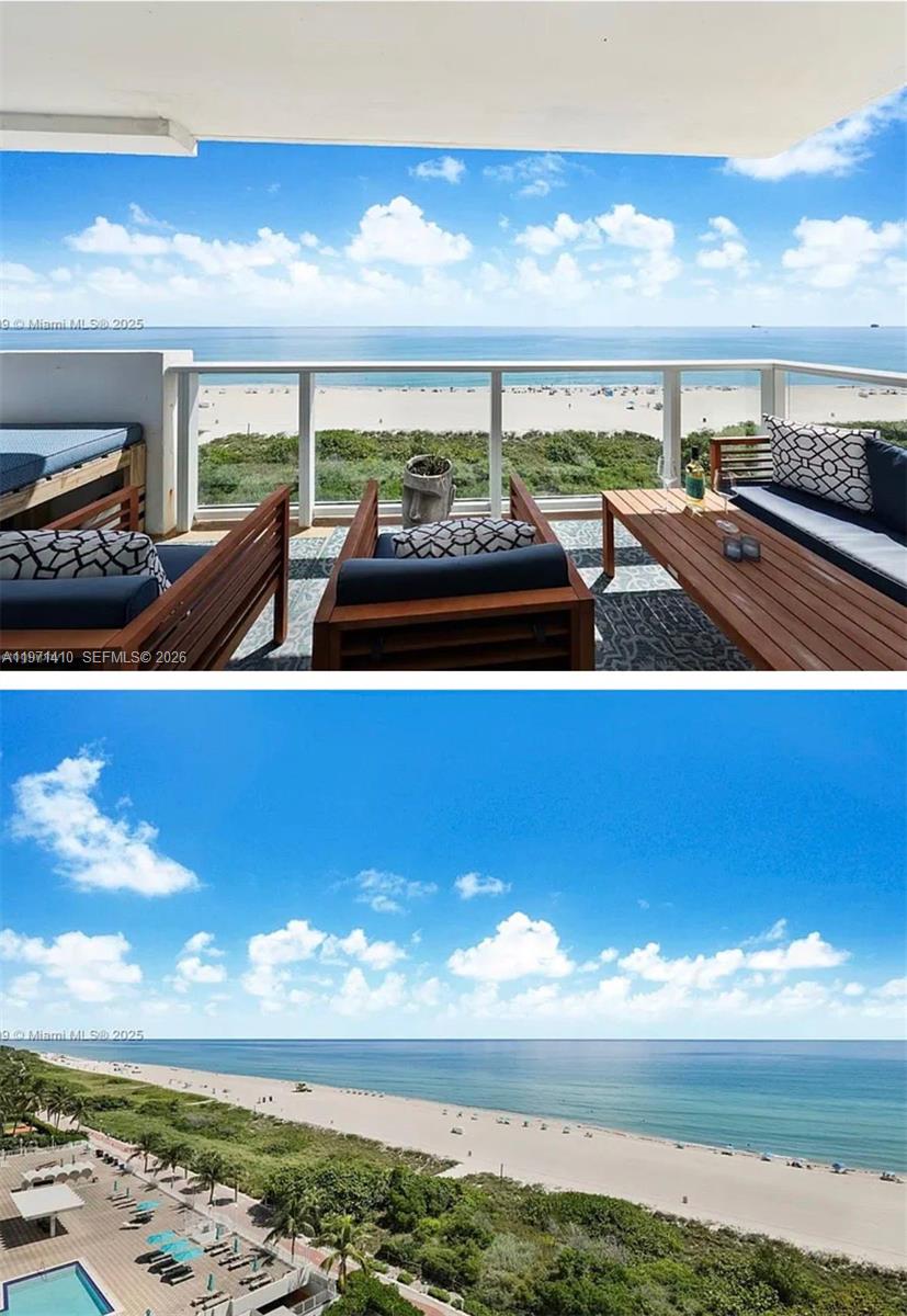 A balcony with wooden furniture overlooks a sandy beach and the ocean — 5601 Collins Ave # 1001, Miami Beach FL 33140, MIAMI BEACH, FL