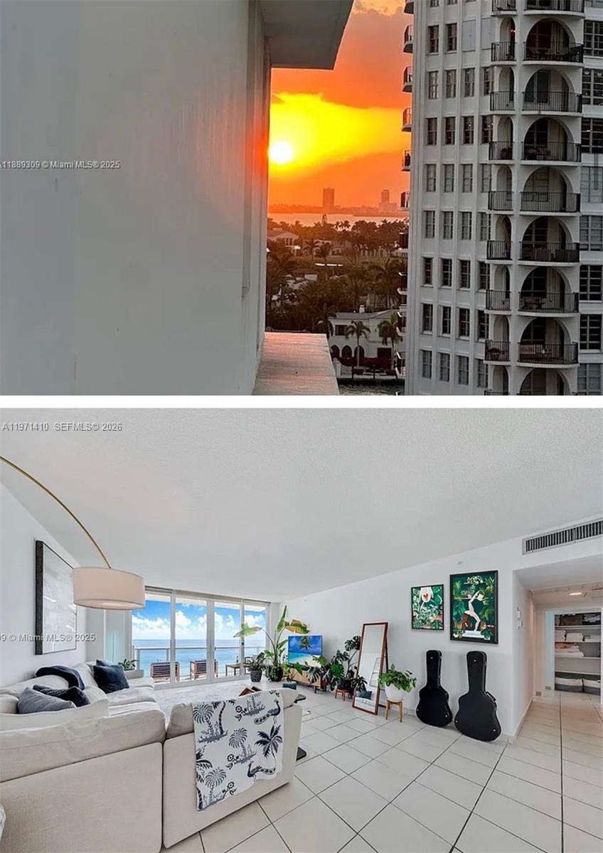 The top image shows a sunset view from a balcony, and the bottom shows a living room — 5601 Collins Ave # 1001, Miami Beach FL 33140, MIAMI BEACH, FL