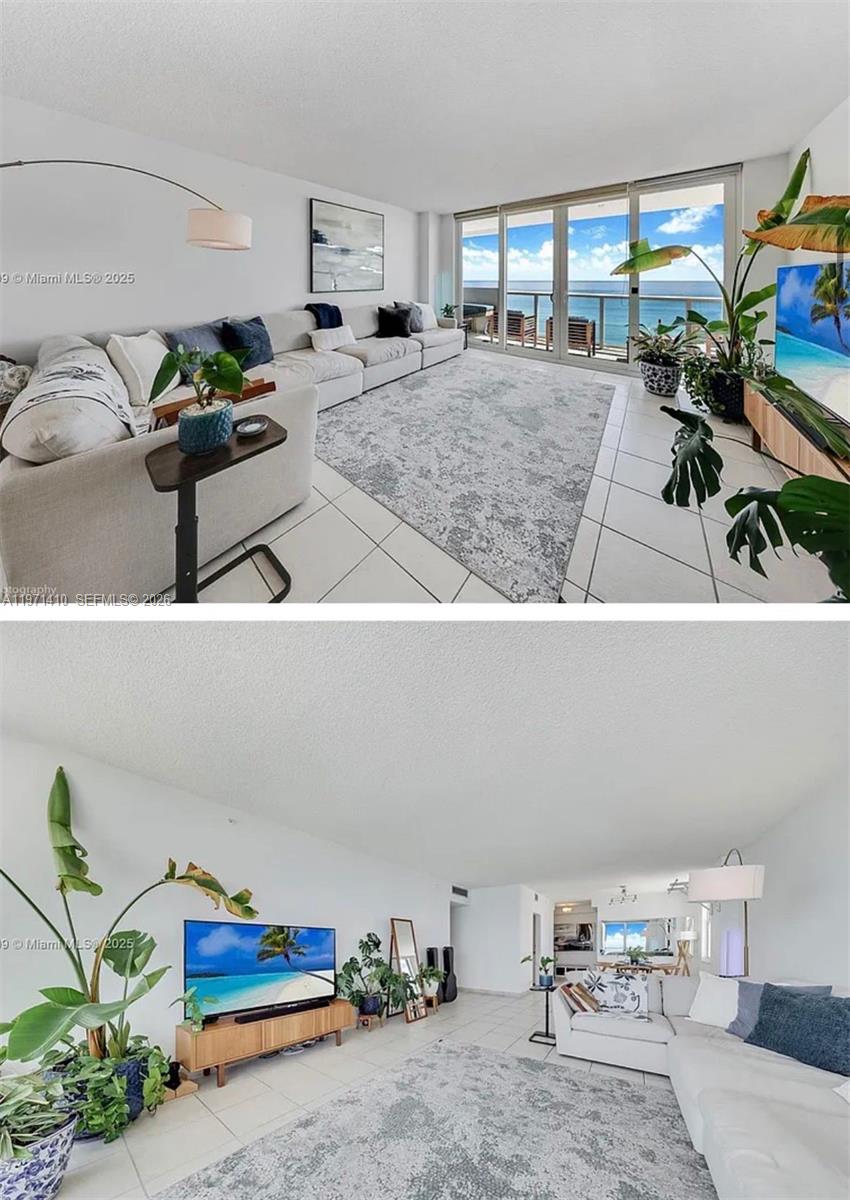 A bright living room features a large sectional sofa, tile flooring, and a balcony with ocean views — 5601 Collins Ave # 1001, Miami Beach FL 33140, MIAMI BEACH, FL