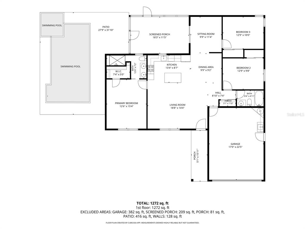 This is a floor plan of a house featuring three bedrooms, a pool, and a garage — 4526 BAYRIDGE COURT, SPRING HILL, FL