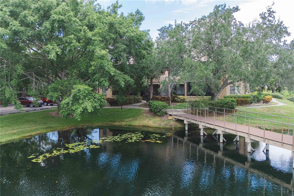 A wooden footbridge crosses a pond toward a multi-story apartment building surrounded by large trees — 10263 GANDY BOULEVARD N UNIT 2405, ST PETERSBURG, FL