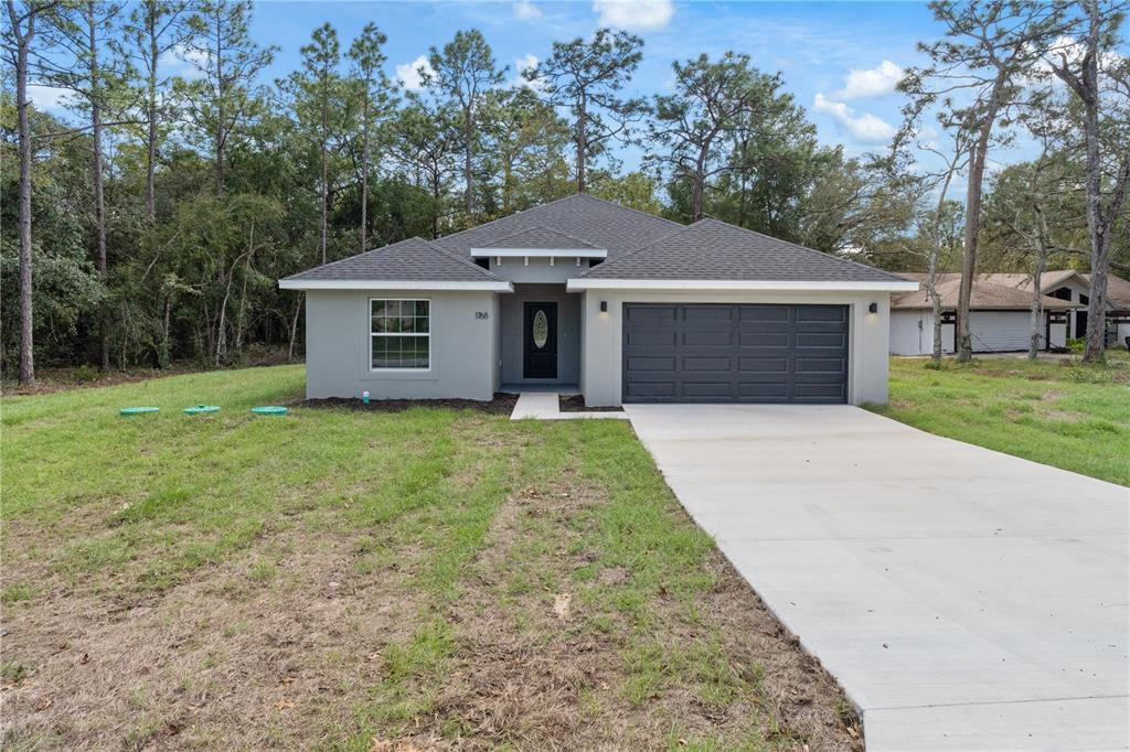 A single-story house with a gray exterior, dark garage door, and a concrete driveway — 1768 E BISMARK ST, HERNANDO, FL