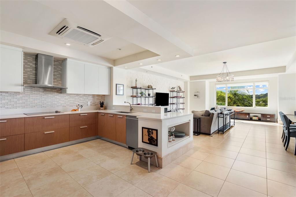 A modern kitchen with wood cabinets and white countertops opens into a bright living area — 500 PLANTATION DRIVE UNIT 3206, DORADO, PR