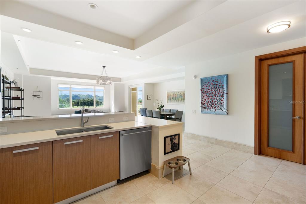 A modern kitchen with wood cabinets and stainless steel appliances overlooks a dining area — 500 PLANTATION DRIVE UNIT 3206, DORADO, PR
