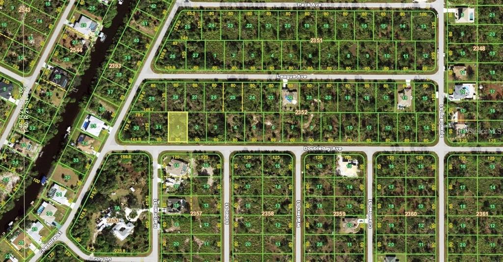 This is an aerial map showing a grid of residential lots and streets — 13068 DOUBLEDAY AVENUE, PORT CHARLOTTE, FL