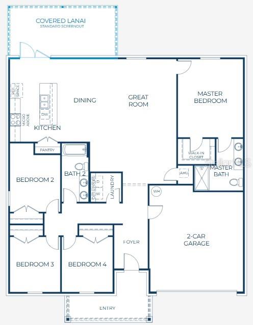 This floor plan shows a four-bedroom, two-bathroom home with a two-car garage and covered lanai — 25303 DELGADO DRIVE, PUNTA GORDA, FL