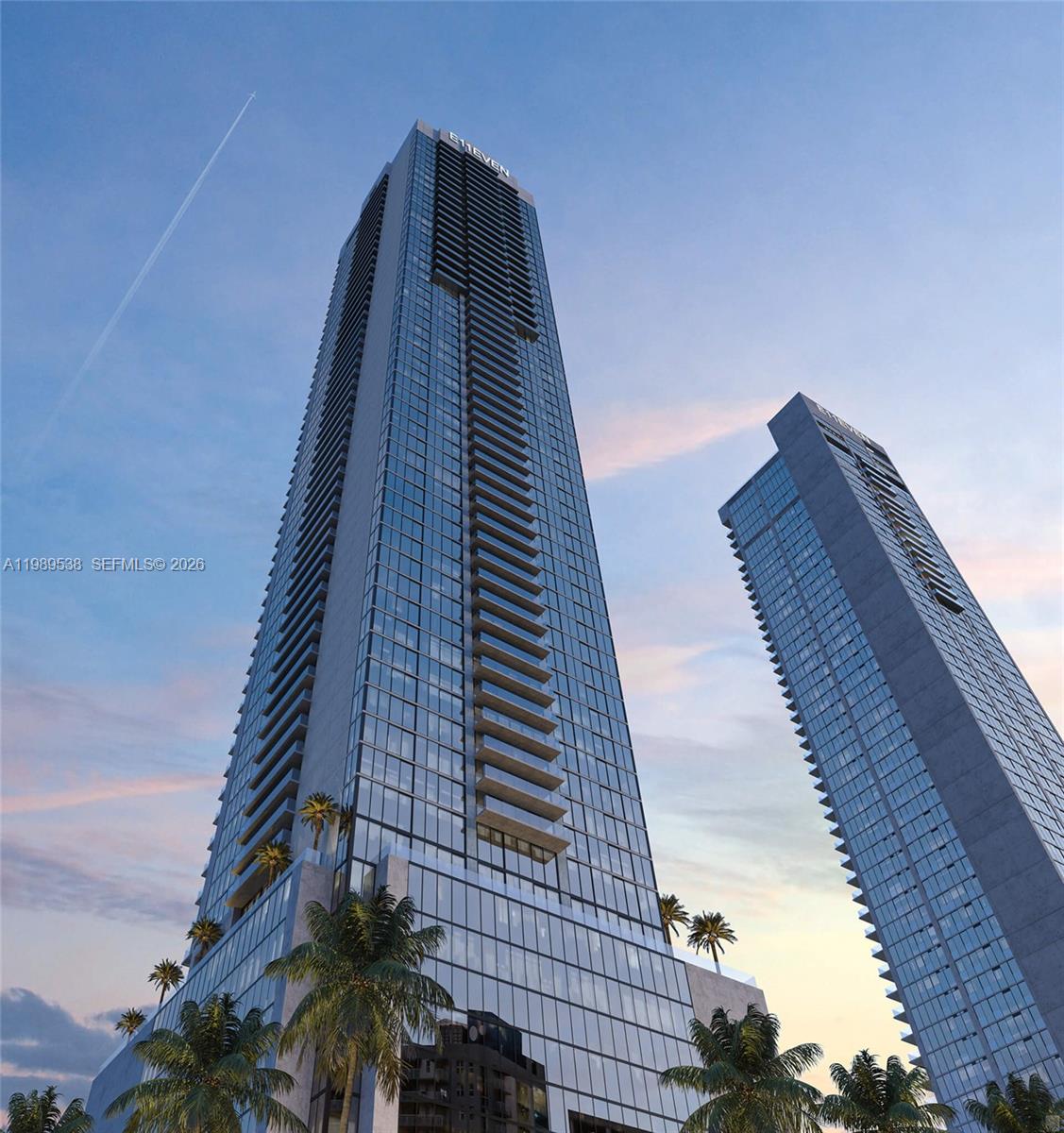 This is a rendering of two modern glass skyscrapers with balconies and palm trees — 20 NE 11 # 3608, Miami FL 33132, MIAMI, FL