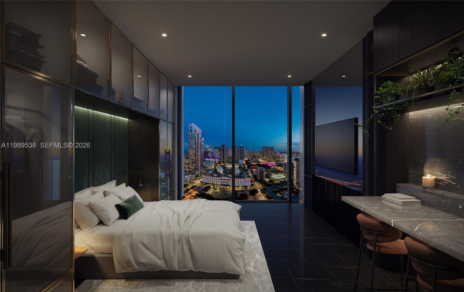 This rendering shows a modern bedroom with floor-to-ceiling windows overlooking a city skyline at night — 20 NE 11 # 3608, Miami FL 33132, MIAMI, FL