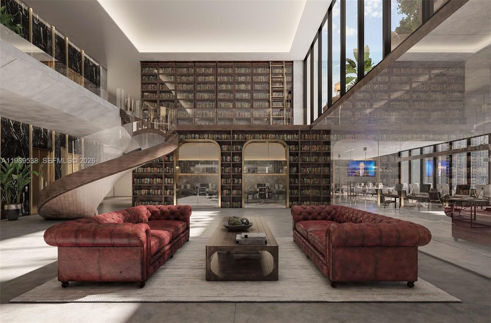 This rendering shows a modern two-story library lounge with red leather sofas and a staircase — 20 NE 11 # 3608, Miami FL 33132, MIAMI, FL