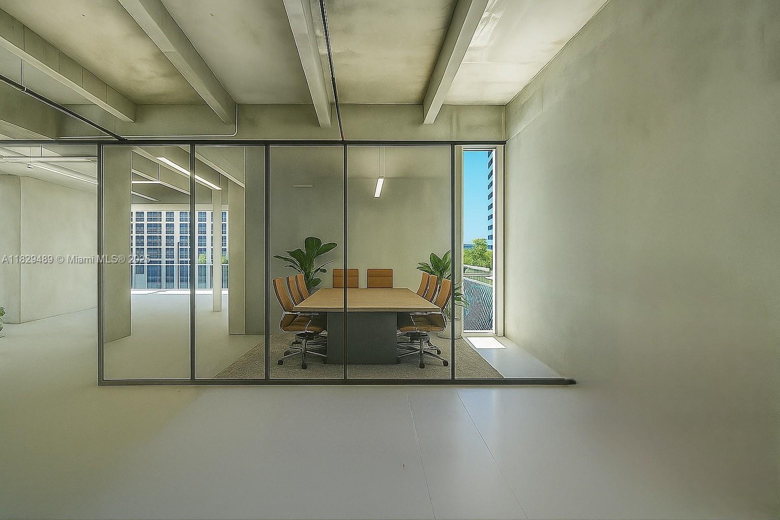 This is a rendering of a modern conference room with glass walls and concrete ceilings — 6930 Collins Ave, Miami Beach FL 33141, MIAMI BEACH, FL