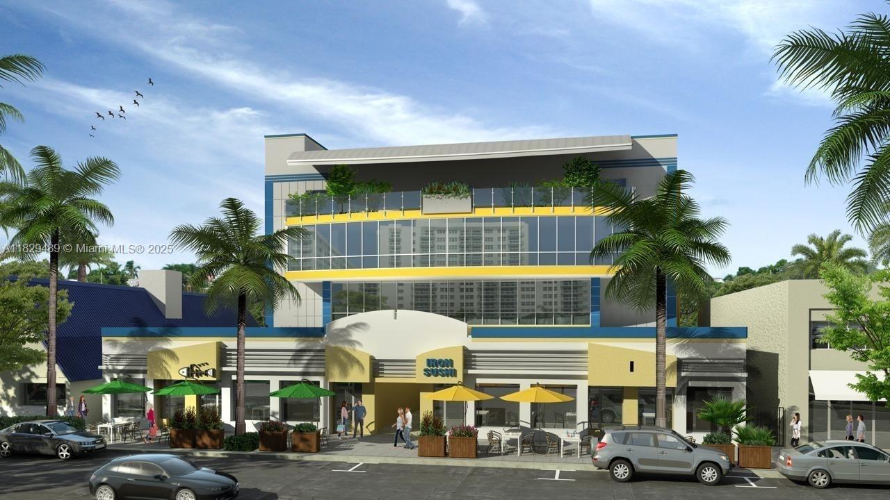 This is a digital rendering of a multi-story commercial building with ground-level storefronts and parking — 6930 Collins Ave, Miami Beach FL 33141, MIAMI BEACH, FL