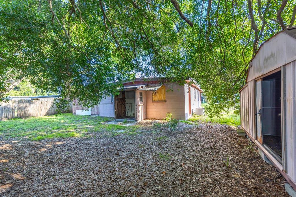 A backyard view showing a small, weathered house with a shed under large trees — 8528 N 92ND TERRACE, SEMINOLE, FL