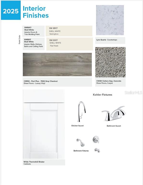 This interior finishes board displays paint colors, flooring, countertops, cabinetry, and plumbing fixtures — 196 S ROOKS AVENUE, INVERNESS, FL