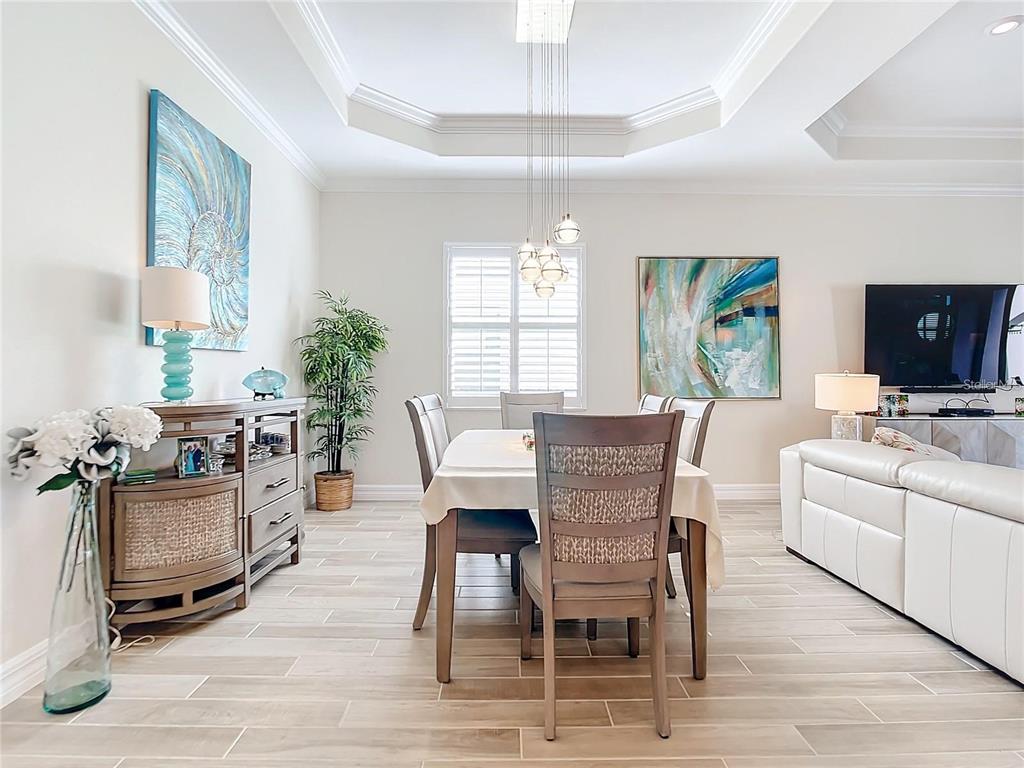 A dining area features a wooden table, chairs, a sideboard, and a modern light fixture — 25025 SPARTINA DRIVE, VENICE, FL