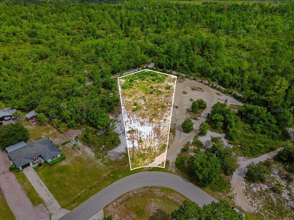 An aerial view shows a vacant, trapezoidal-shaped residential lot surrounded by dense trees and vegetation — 2000 LEMON DRIVE, LAKE WALES, FL