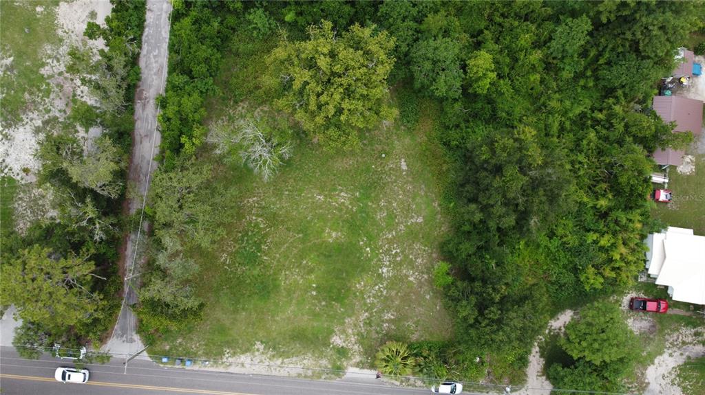 An aerial view shows a vacant, grassy rectangular lot bordered by trees and a road — 10616 DAVIS ROAD, TAMPA, FL