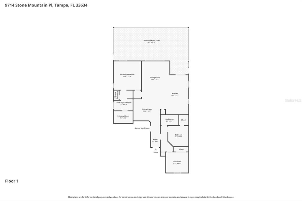 This is a floor plan for a single-story residential home with a screened patio — 9714 STONE MOUNTAIN PLACE, TAMPA, FL