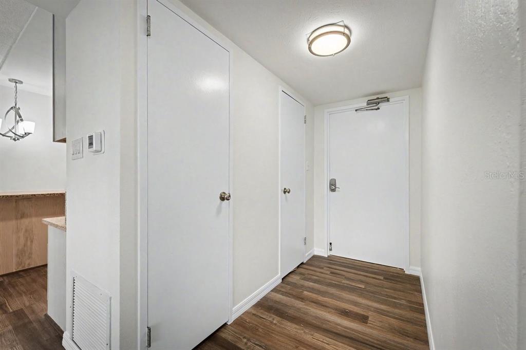 A hallway with wood-look flooring, white walls, two closet doors, and an entry door — 1224 S PENINSULA DRIVE UNIT 621, DAYTONA BEACH, FL