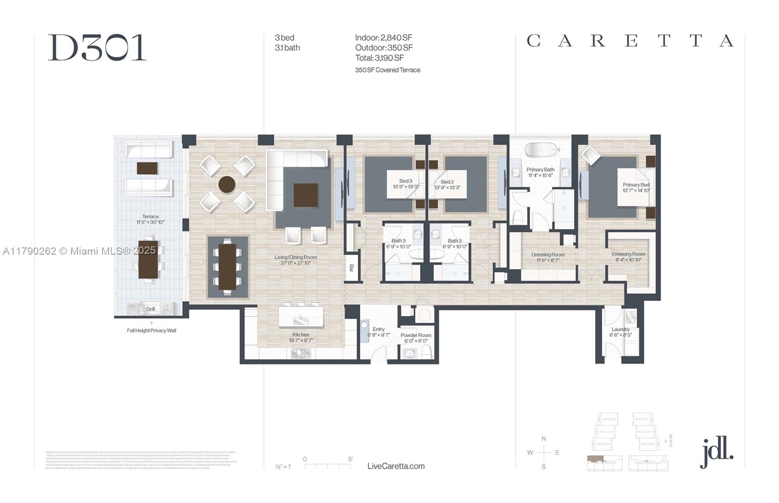 This floor plan shows a three-bedroom, three-and-a-half-bath residential unit with a large outdoor terrace — 1011 US Highway One # D301, Juno Beach FL 33408, JUNO BEACH, FL