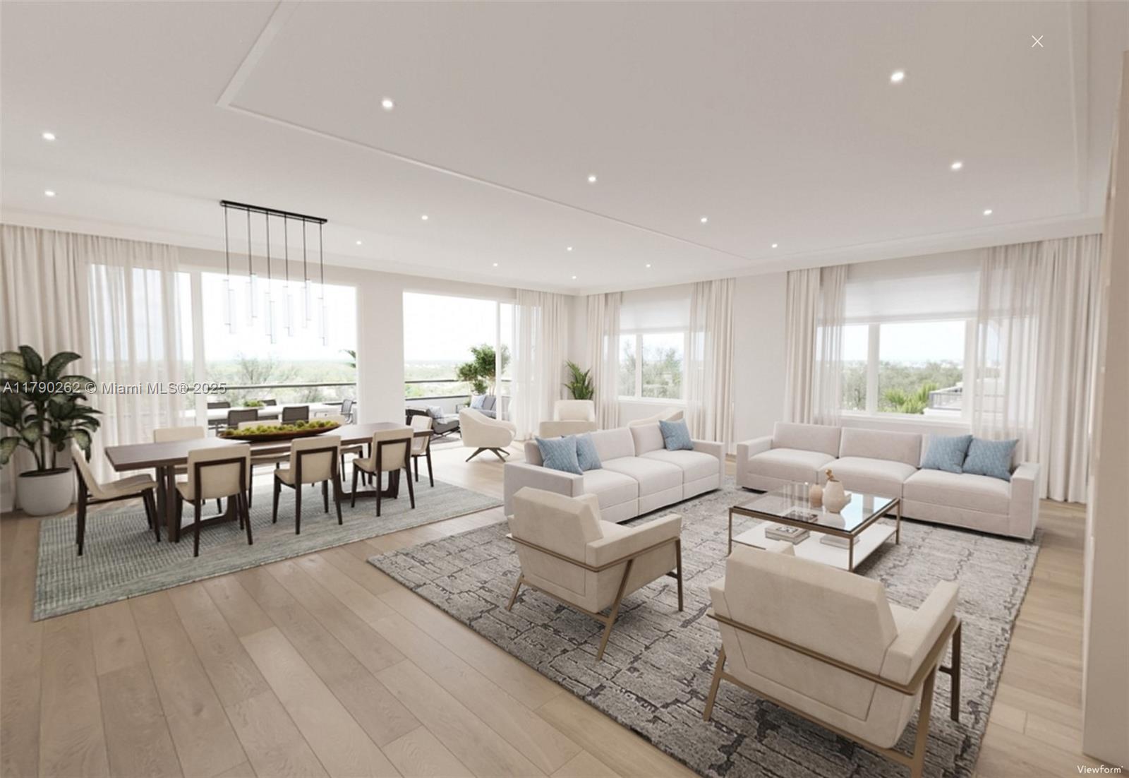 This is a rendering of an open-concept living and dining area with modern neutral furniture — 1011 US Highway One # D301, Juno Beach FL 33408, JUNO BEACH, FL