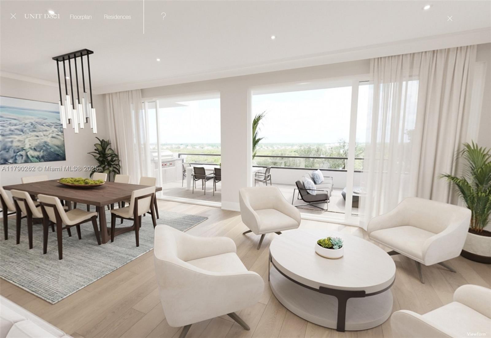 This rendering shows a modern open-concept living and dining area with a balcony and view — 1011 US Highway One # D301, Juno Beach FL 33408, JUNO BEACH, FL