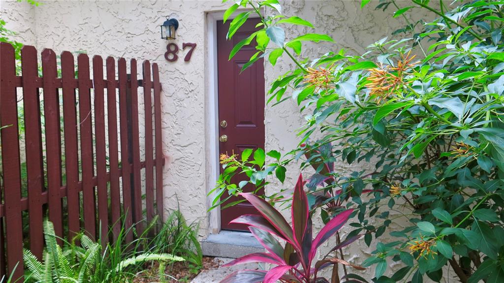 A red door with the number 87 sits beside a wooden fence and lush plants — 12425 TOUCHTON DR UNIT 87, TAMPA, FL