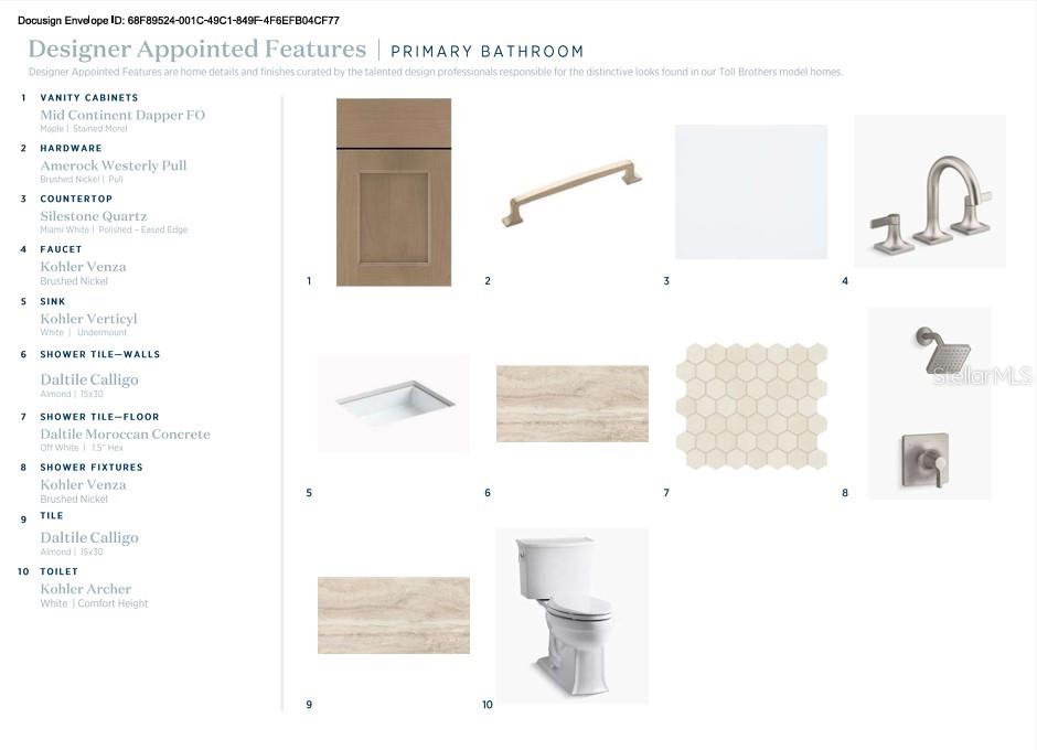 This document displays the designer-appointed finishes and fixtures for a primary bathroom — 3686 ARBORDALE LOOP, SANFORD, FL