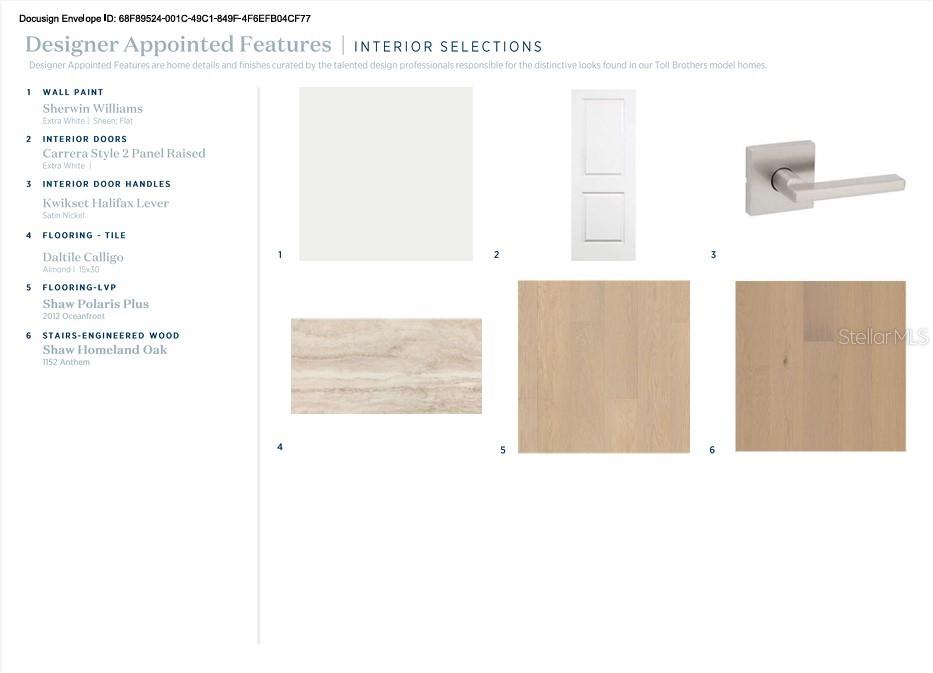 This document displays a list of interior design selections including paint, doors, hardware, and flooring — 3686 ARBORDALE LOOP, SANFORD, FL