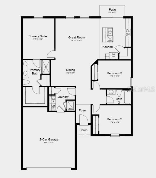 This floor plan shows a three-bedroom, two-bath home with a two-car garage and rear patio — 13317 COMMONS AVENUE, PARRISH, FL