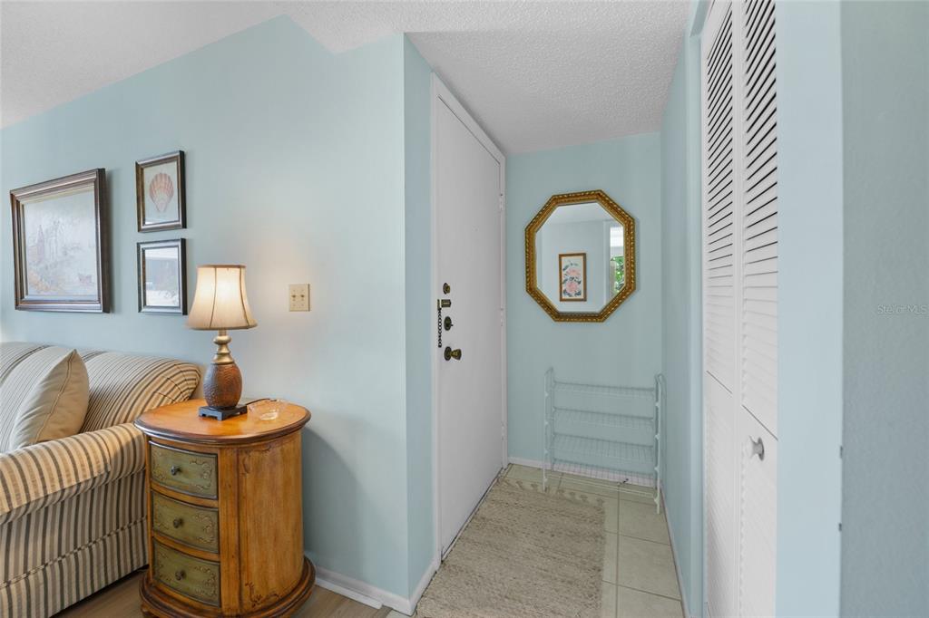 An entryway features a white door, a small shoe rack, a mirror, and a side table — 1555 TARPON CENTER DRIVE UNIT 156, VENICE, FL