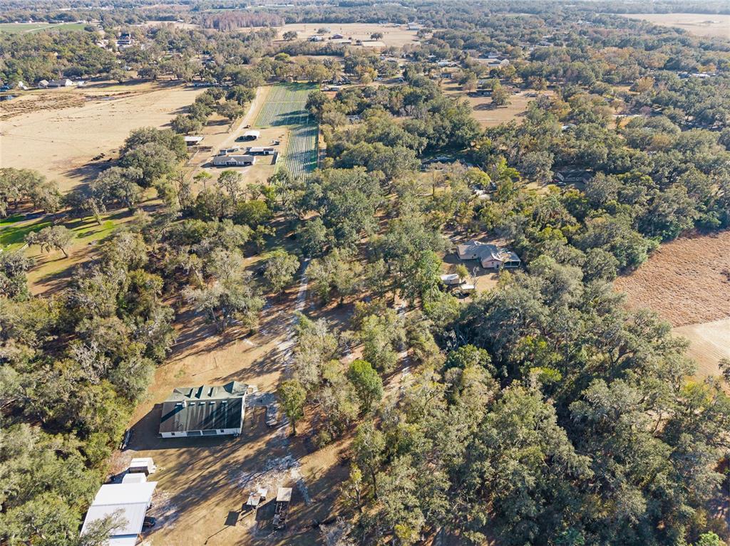 An aerial view shows a rural property with multiple buildings, a large field, and dense trees — 3007 OWLS NEST LANE, PLANT CITY, FL