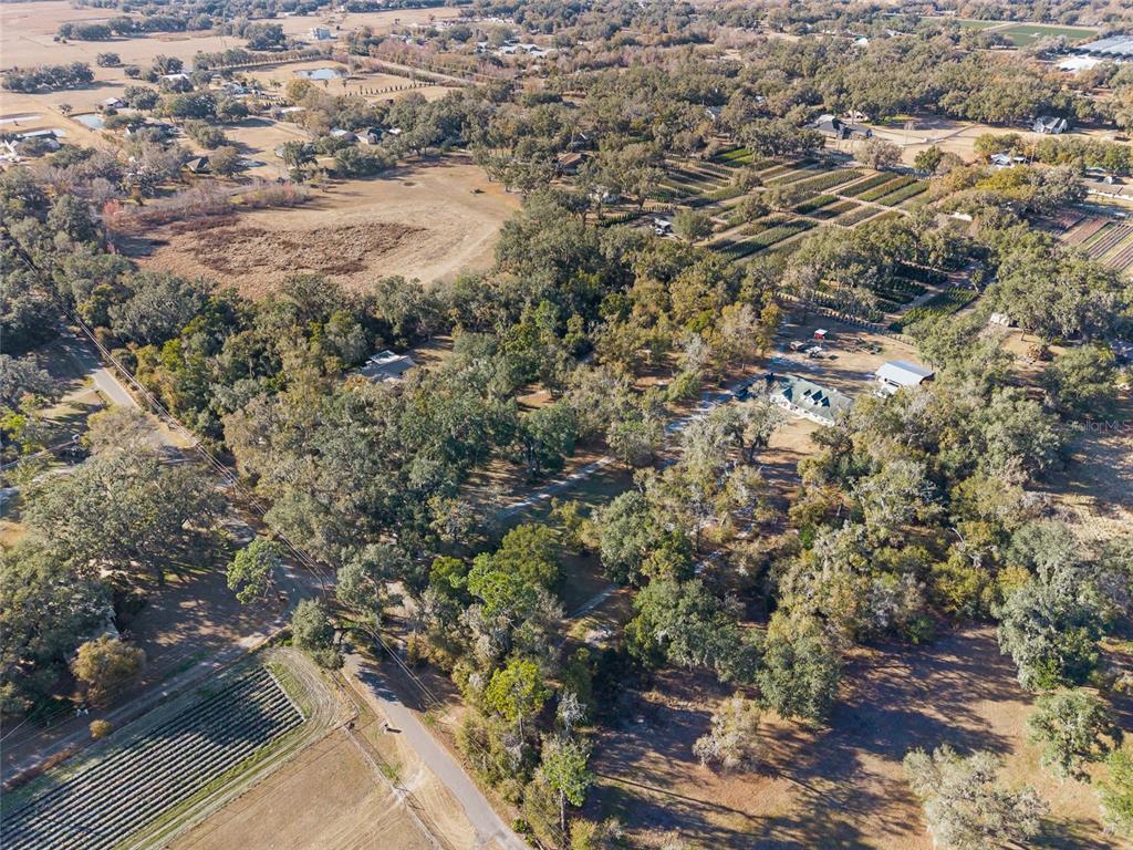 An aerial view shows a rural property with a house, outbuildings, and cultivated fields — 3007 OWLS NEST LANE, PLANT CITY, FL
