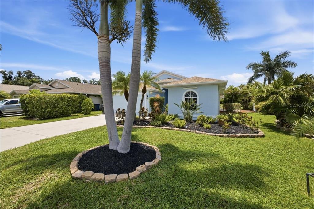 A light blue house with a palm tree in the front yard and a driveway — 5231 LANSDOWNE WAY, PALMETTO, FL