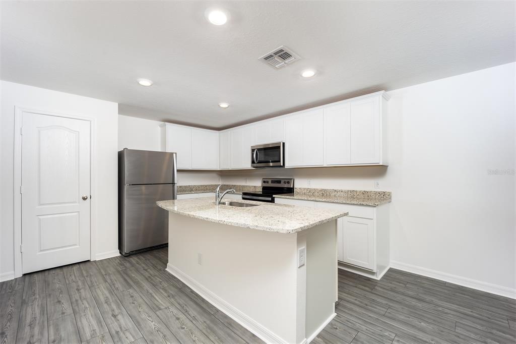 A kitchen features white cabinets, granite countertops, stainless steel appliances, and gray wood-look flooring — 3171 SEVILLE STREET, LAKE ALFRED, FL