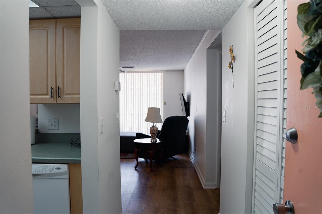A view from an entryway looking into a kitchen and a living area beyond — 519 ALBEE FARM ROAD UNIT 110, VENICE, FL