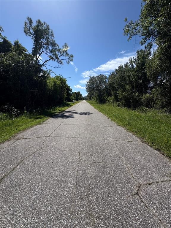 A paved road stretches into the distance, flanked by dense green trees and grassy shoulders — 4128 KIRSTEN LANE, PORT CHARLOTTE, FL