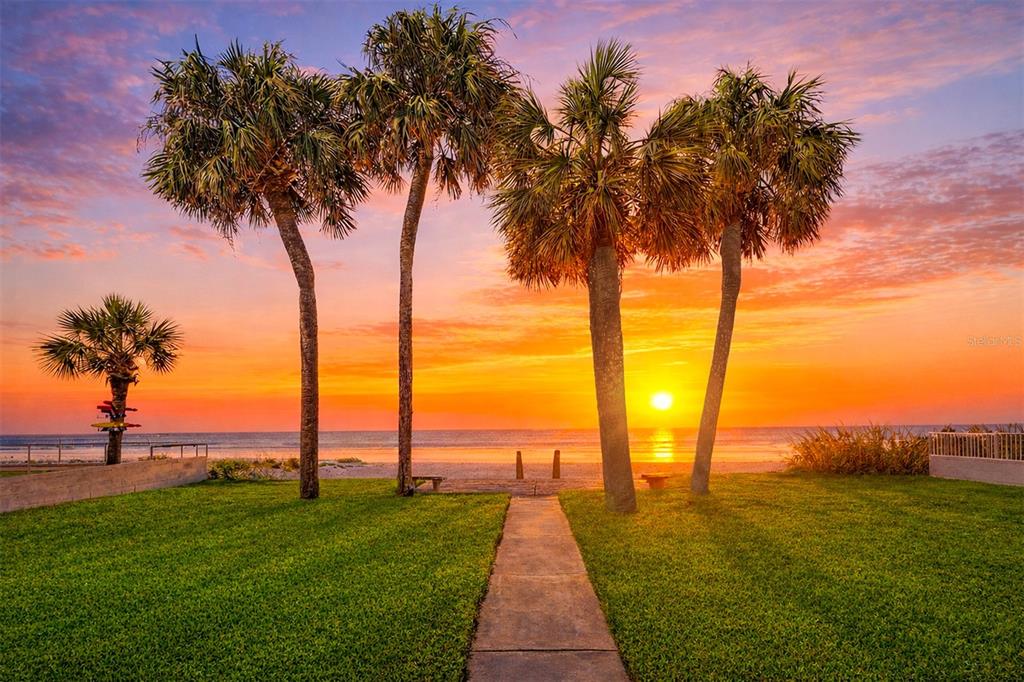 A grassy lawn with palm trees leads to a sandy beach at sunset — 18206 SUNSET BOULEVARD, REDINGTON SHORES, FL