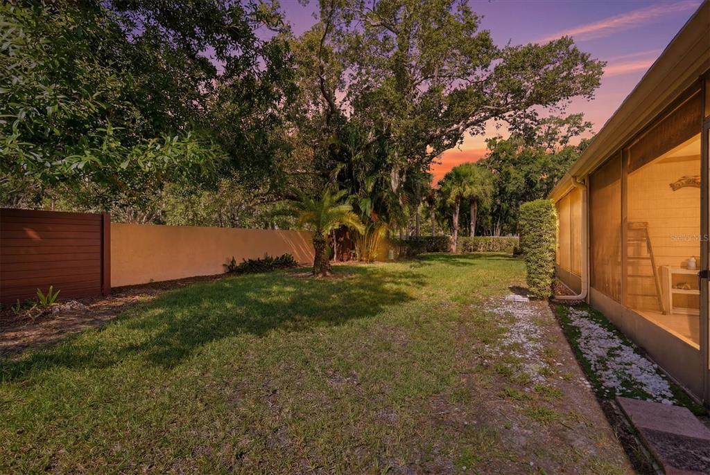 A grassy backyard features a tall privacy wall, mature trees, and a screened-in porch area — 3412 TALLYWOOD CIRCLE UNIT 7018, SARASOTA, FL