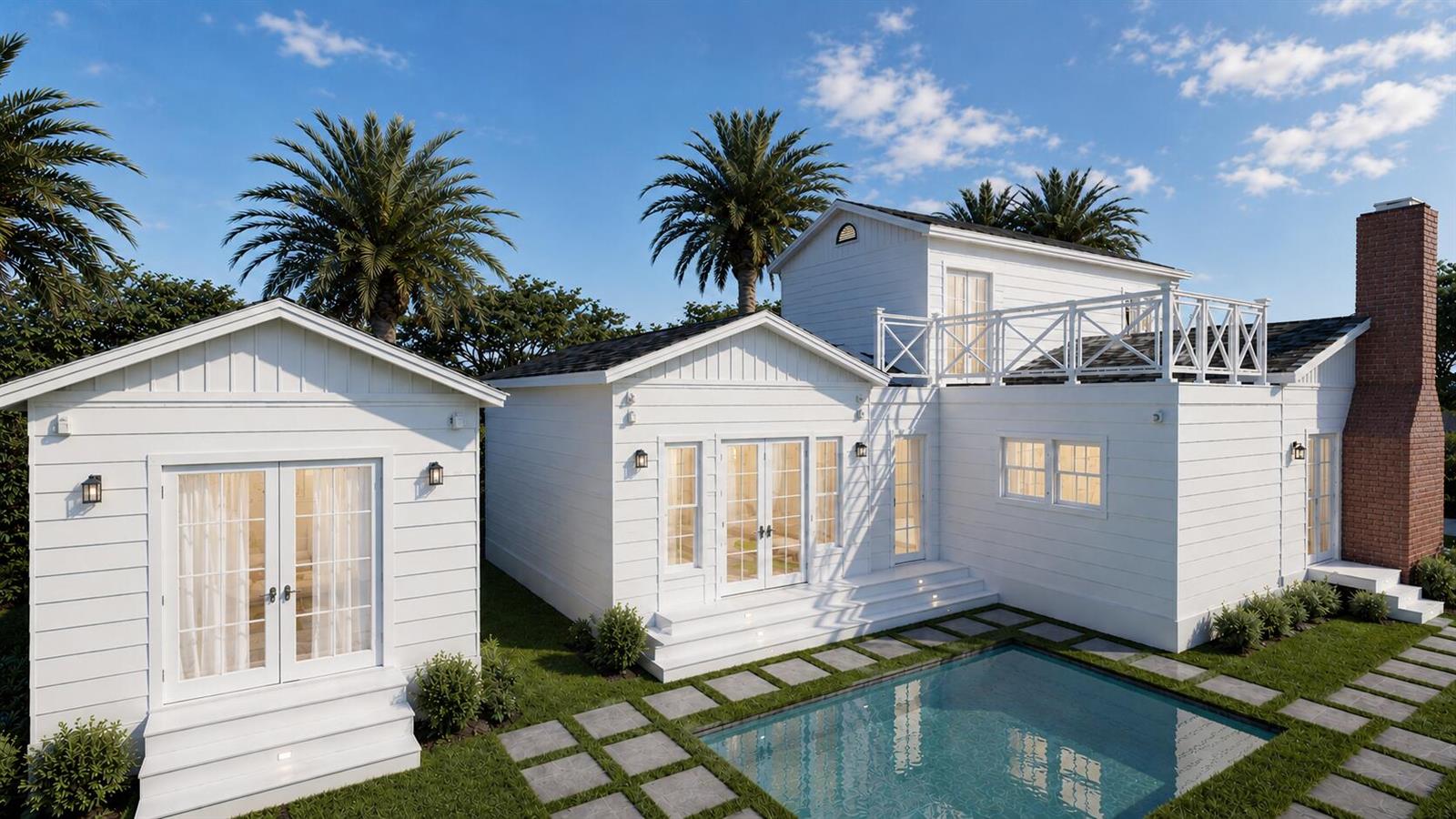 This rendering shows a white house with a pool, a deck, and a brick chimney — 228 Walton Boulevard, West Palm Beach FL 33405, WEST PALM BEACH, FL