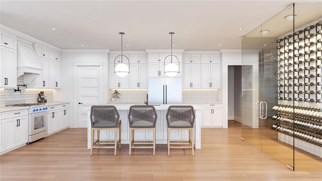 This rendering shows a white kitchen with a central island, bar stools, and a glass-enclosed wine cellar — 705 W PARK AVENUE, TAMPA, FL