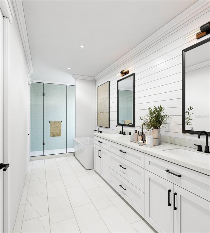 This is a rendering of a modern bathroom featuring a double vanity, soaking tub, and shower — 705 W PARK AVENUE, TAMPA, FL