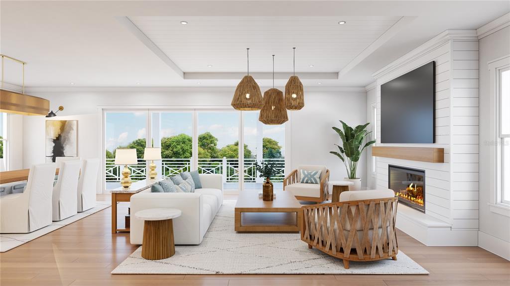 This rendering shows a bright living room with a fireplace, white shiplap, and woven lighting — 705 W PARK AVENUE, TAMPA, FL