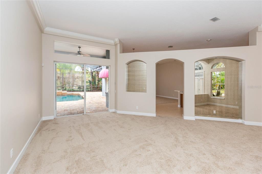 A carpeted living room features arched wall cutouts, a sliding glass door, and pool views — 4813 ARTESIAN ROAD, LAND O LAKES, FL